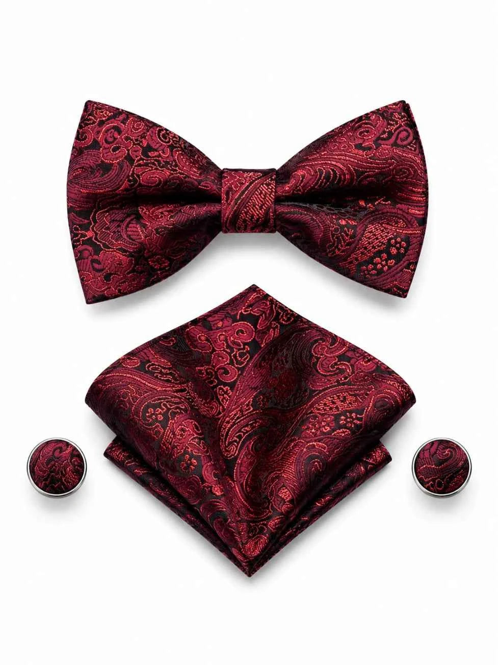 Burgundy Black Paisley Bow Tie Set