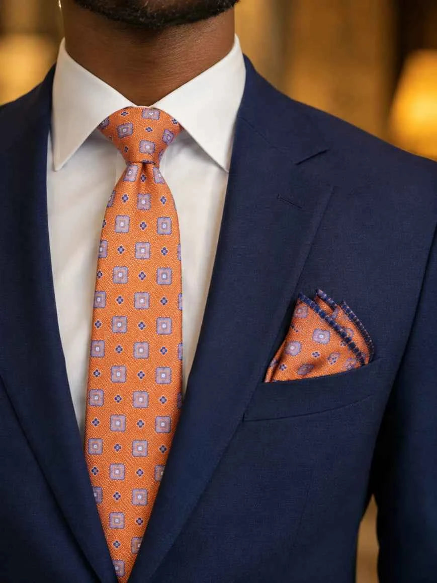 Burnt Orange & Lavender Geometric Square Floral Medallion Tie & Pocket Square Set