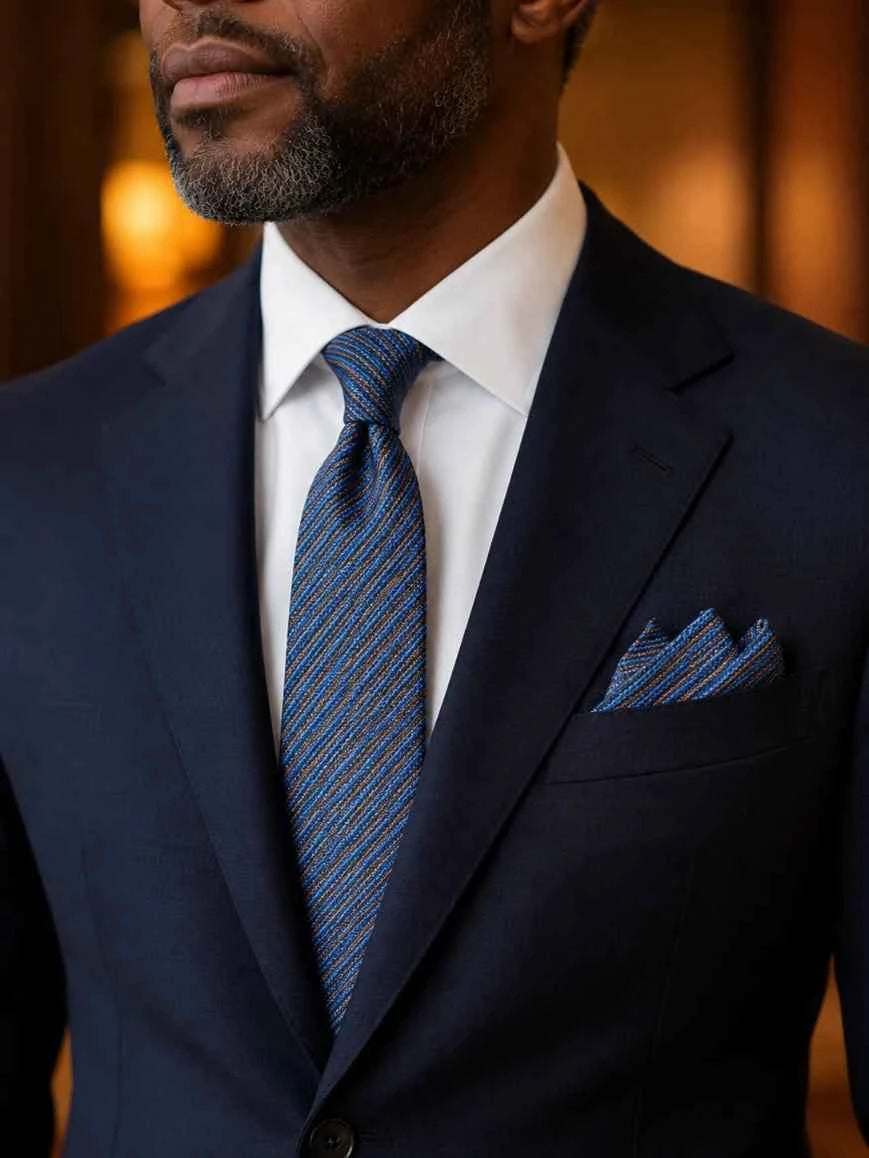 Denim Blue Multi-Colour Micro Diagonal Stripe Tie & Pocket Square Set