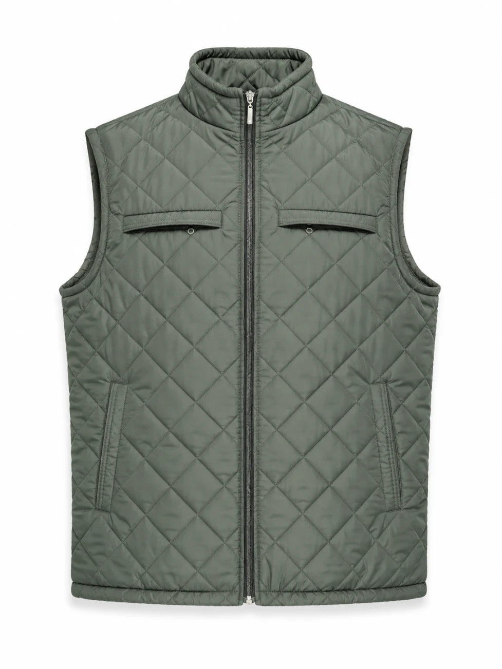 Green quilted vest on a white background