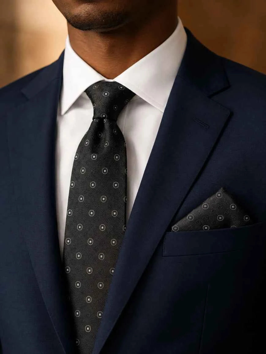 Jet Black Micro Circle-Square Medallion Jacquard Tie & Pocket Square Set