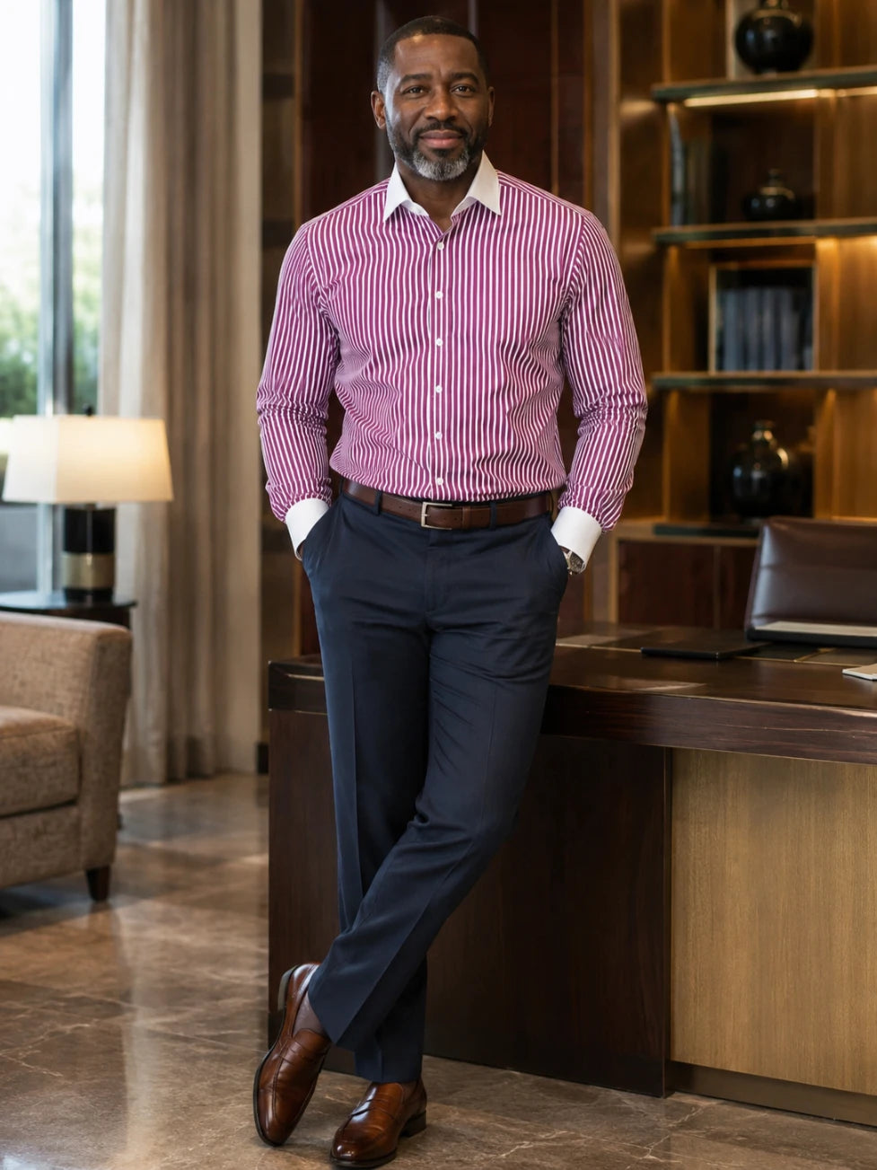 Man in a striped shirt and suit standing in an office setting