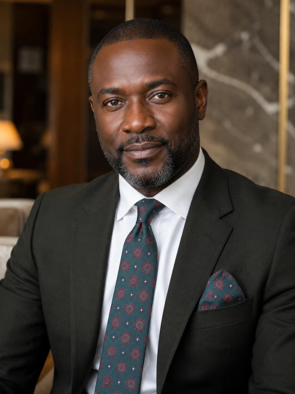 Man in a suit with a patterned tie and pocket square in an indoor setting