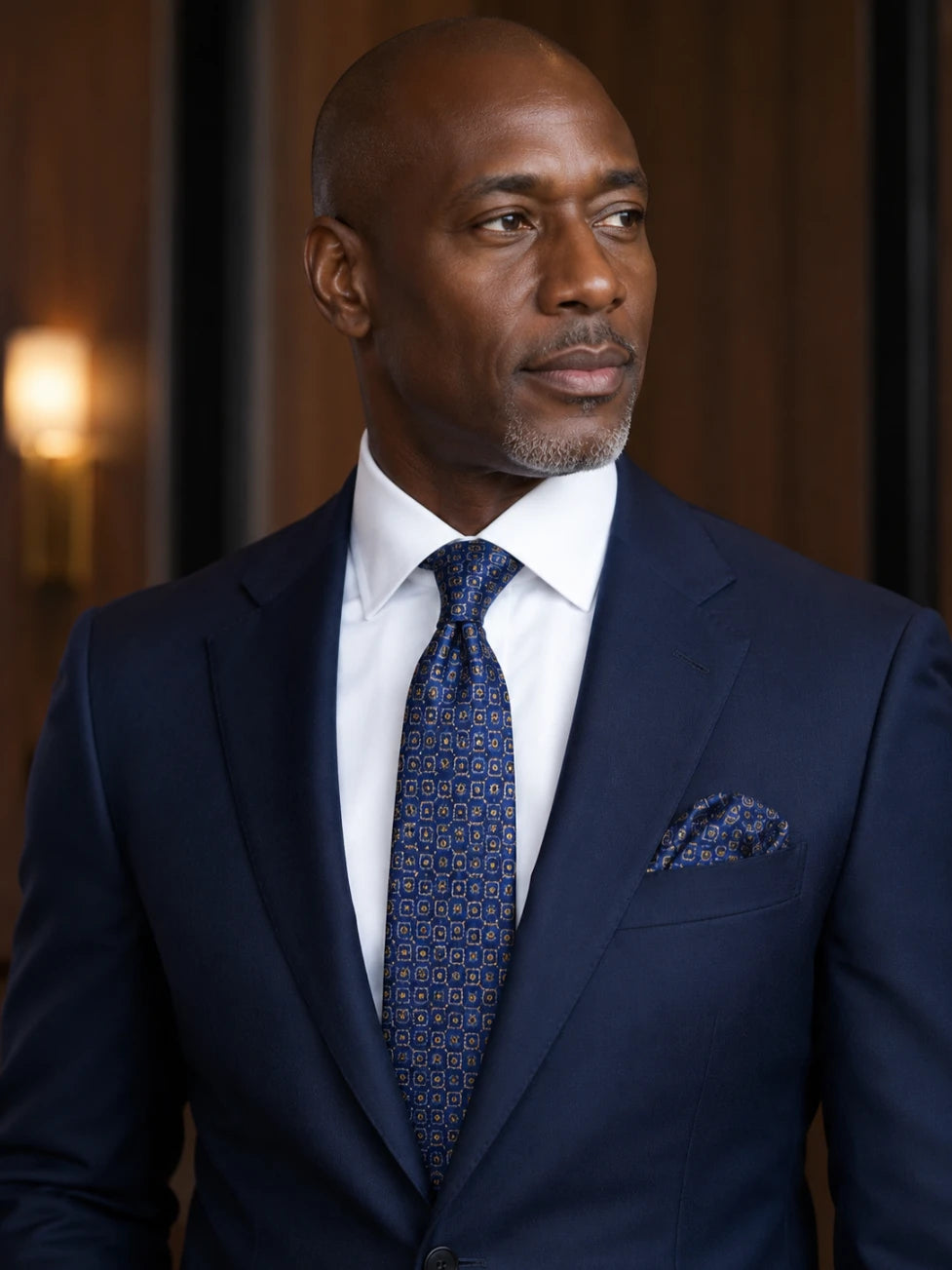 Man wearing a navy suit with a patterned tie and pocket square in a formal setting.