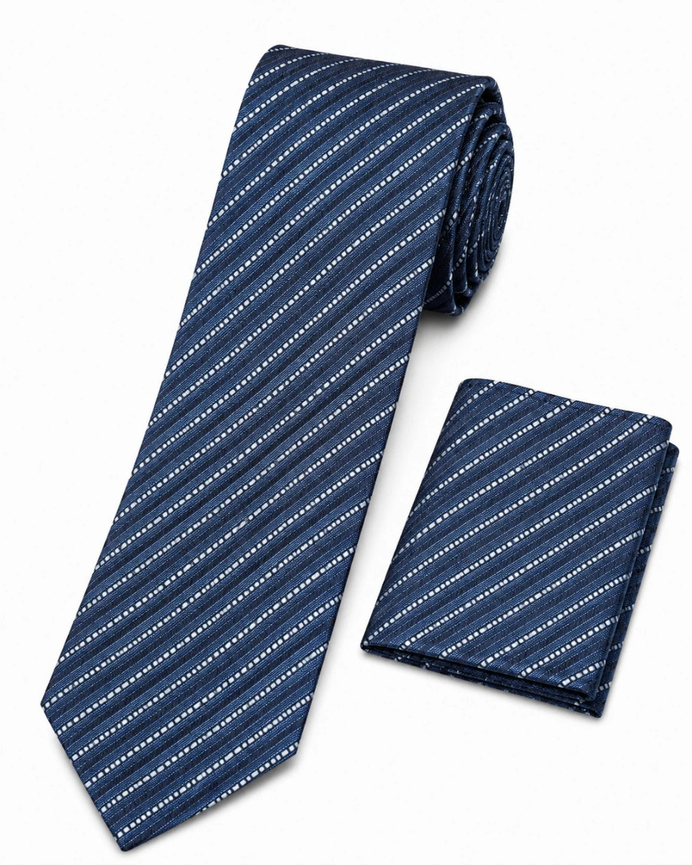 Navy blue tie with white stripes and matching pocket square on a white background