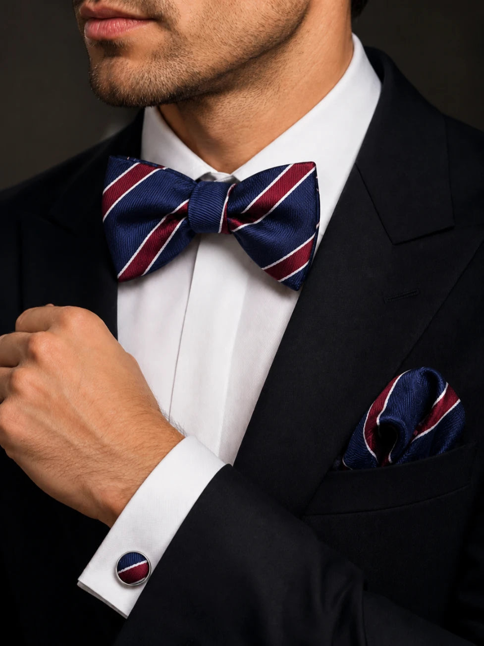 Infynite Navy Burgundy Striped Bow Tie Set – premium men's menswear > accessories > ties – view 2
