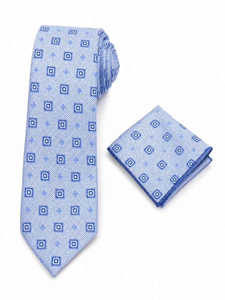 Powder Blue Tonal Geometric Square & Diamond Tie & Pocket Square Set