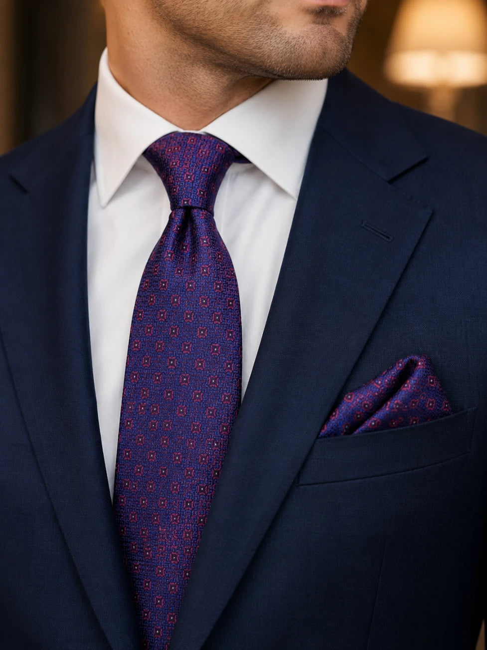 Infynite Santare Burgundy Red Geometric Tie & Pocket Square Set – premium men's menswear > accessories > ties – view 2