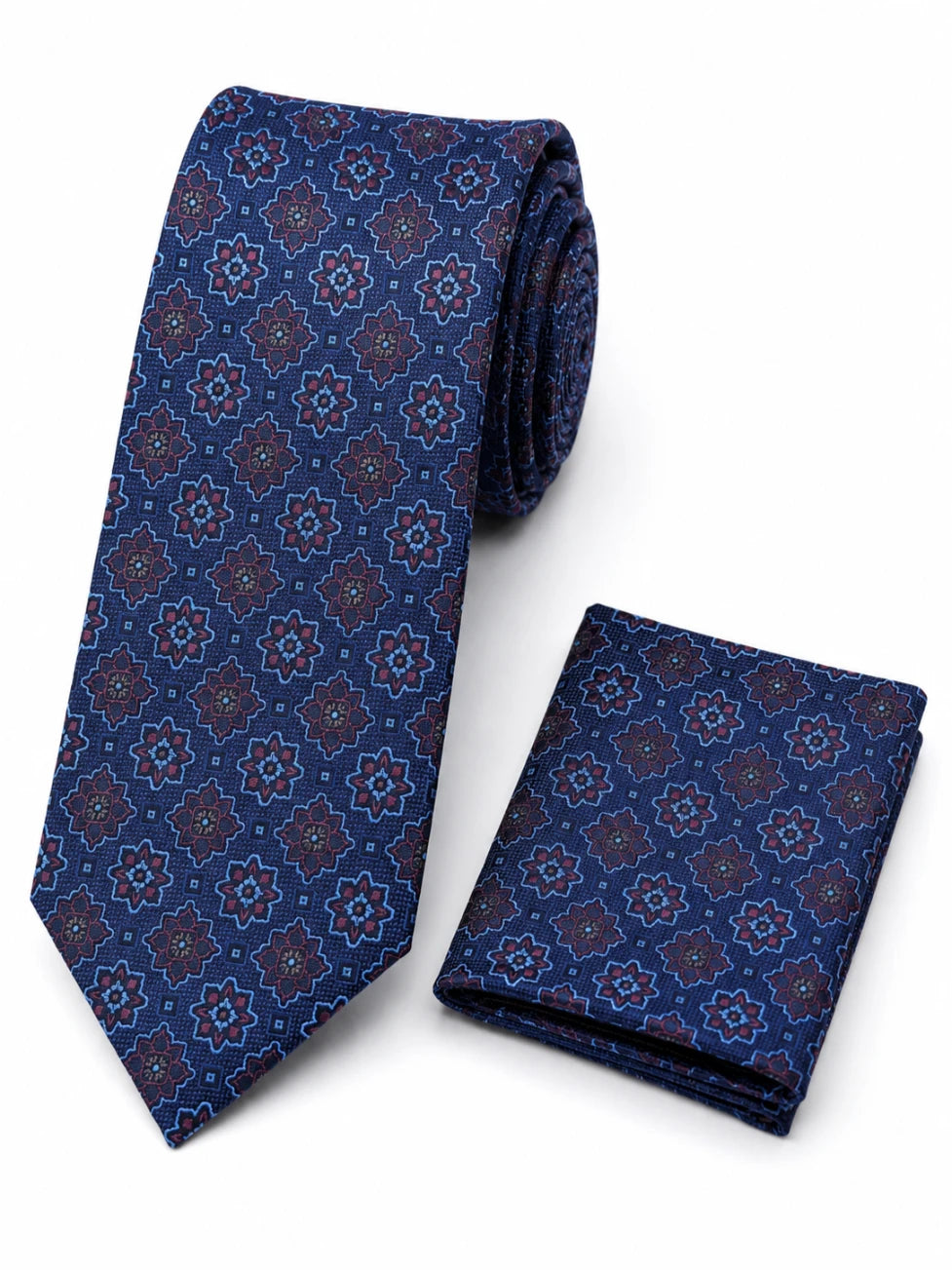 Infynite Santare Navy Brown Medallion Tie & Pocket Square Set – premium men's menswear > accessories > ties