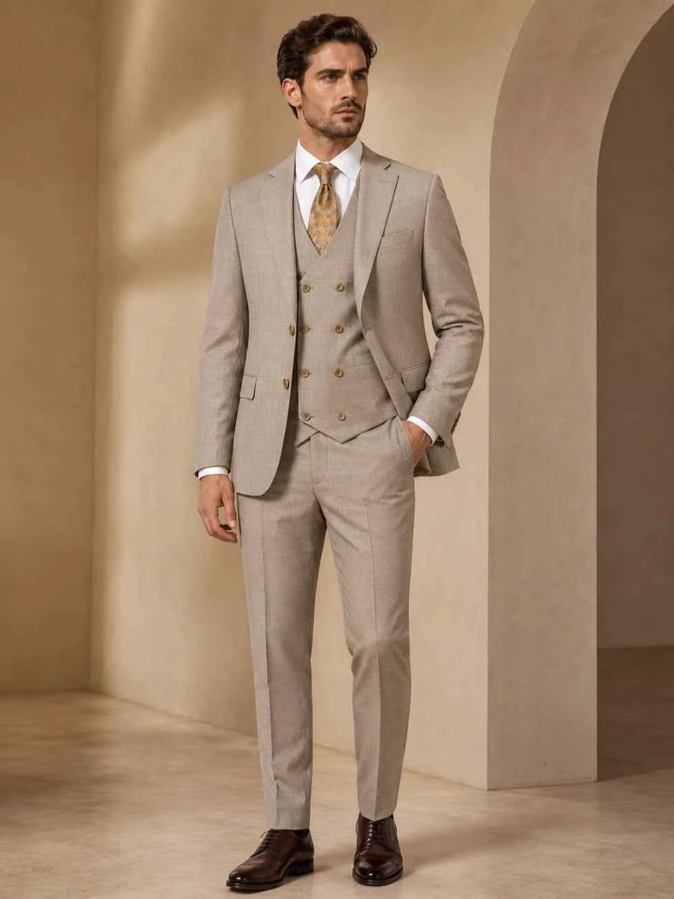 Stone Beige Three-Piece Men’s Suit