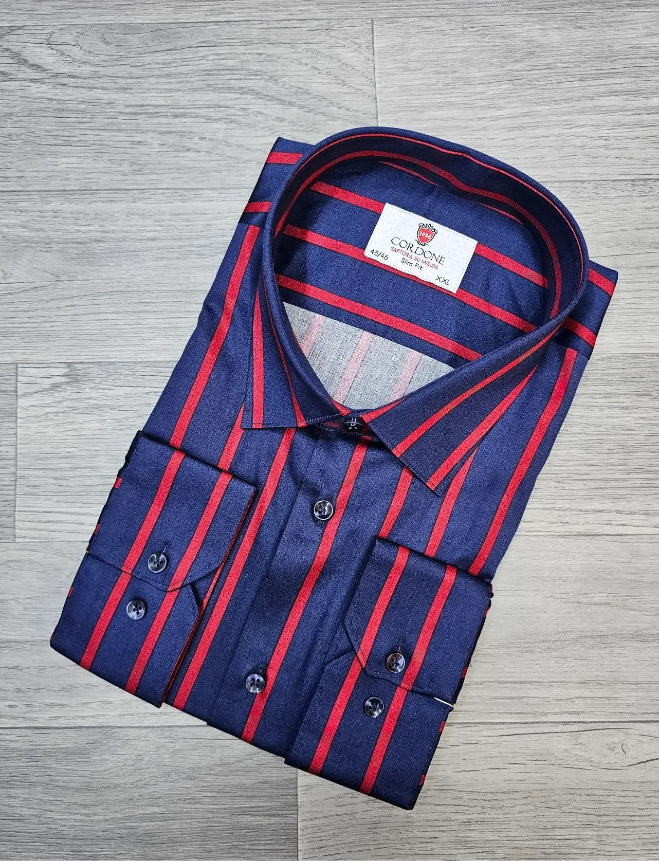 strapless open back dress Cordone Navy Blue and Red Striped Shirt – Men's Dress Shirt