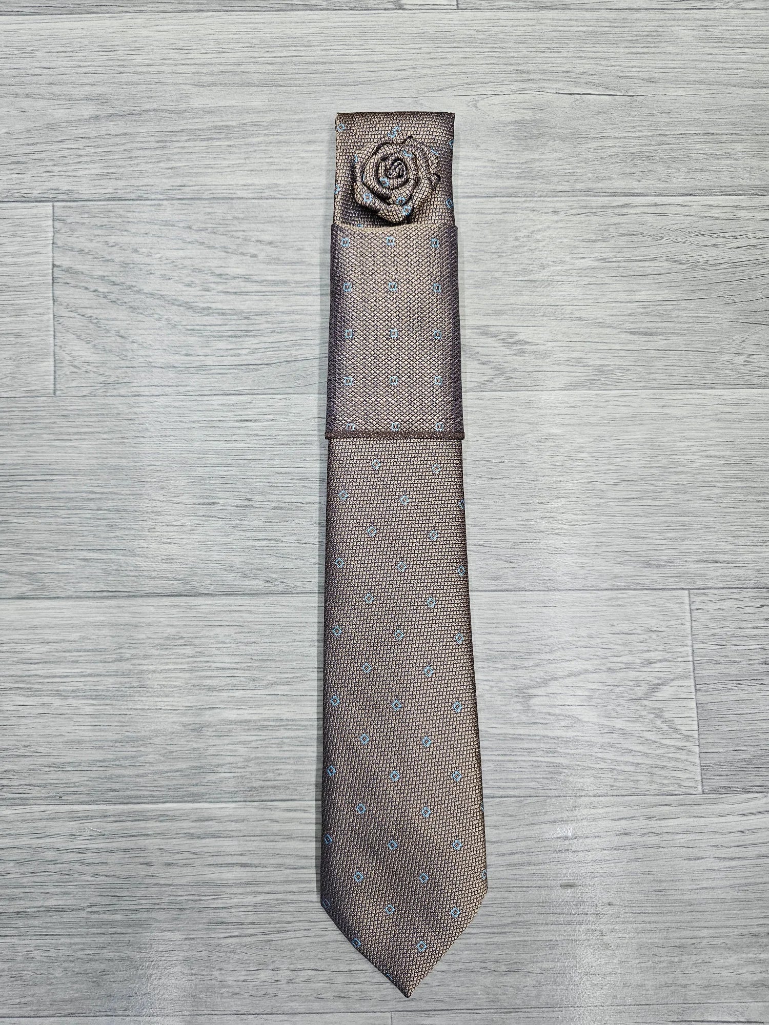 Brown patterned men’s necktie set with matching lapel rose – Infynite Fashions Nairobi