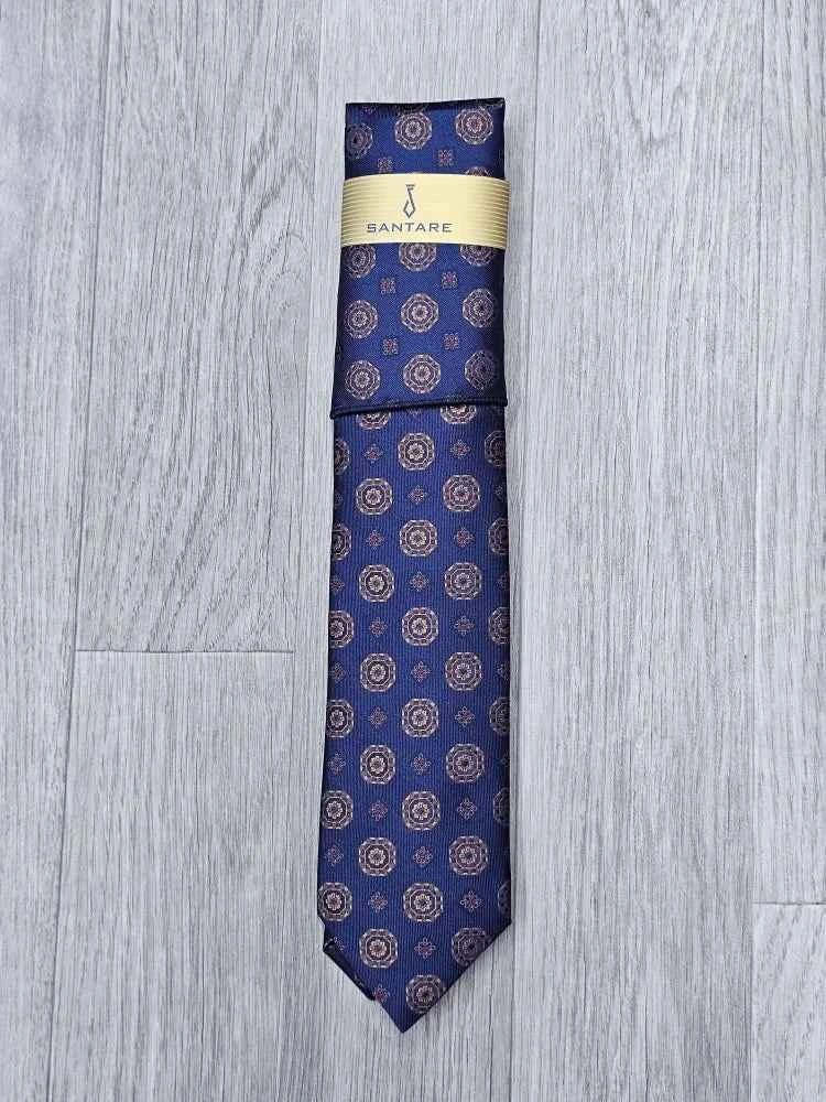 Santare Navy Gold Medallion Tie & Pocket Square Set