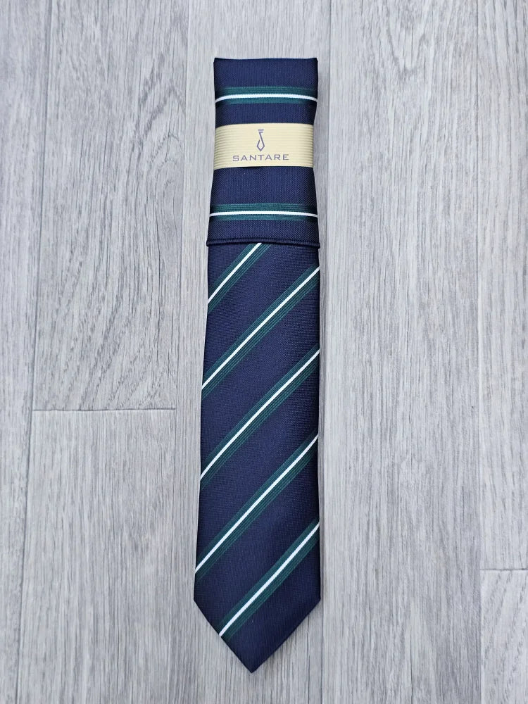 Santare Navy Green Striped Tie & Pocket Square Set