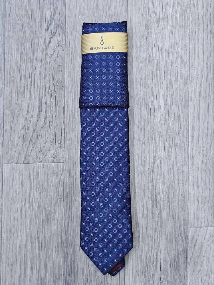 Santare Navy Blue Geometric Tie & Pocket Square Set