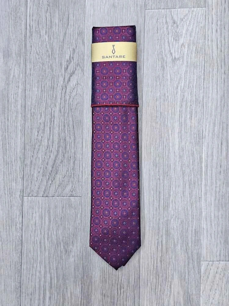 Santare Burgundy Blue Circle Tie & Pocket Square Set