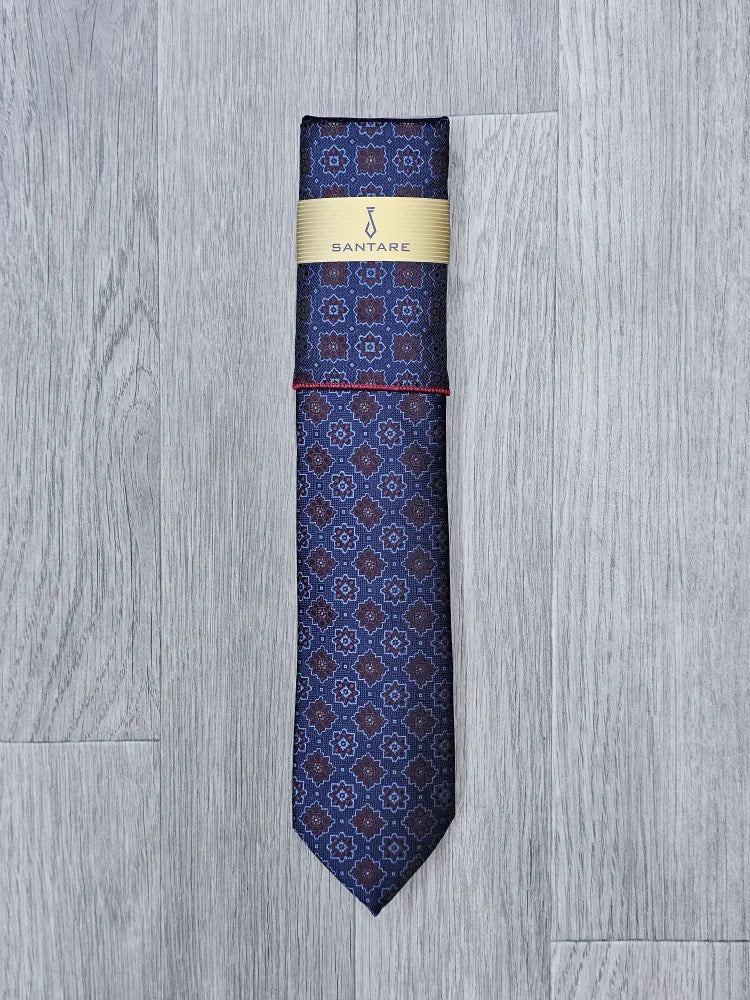 Santare Navy Brown Medallion Tie & Pocket Square Set