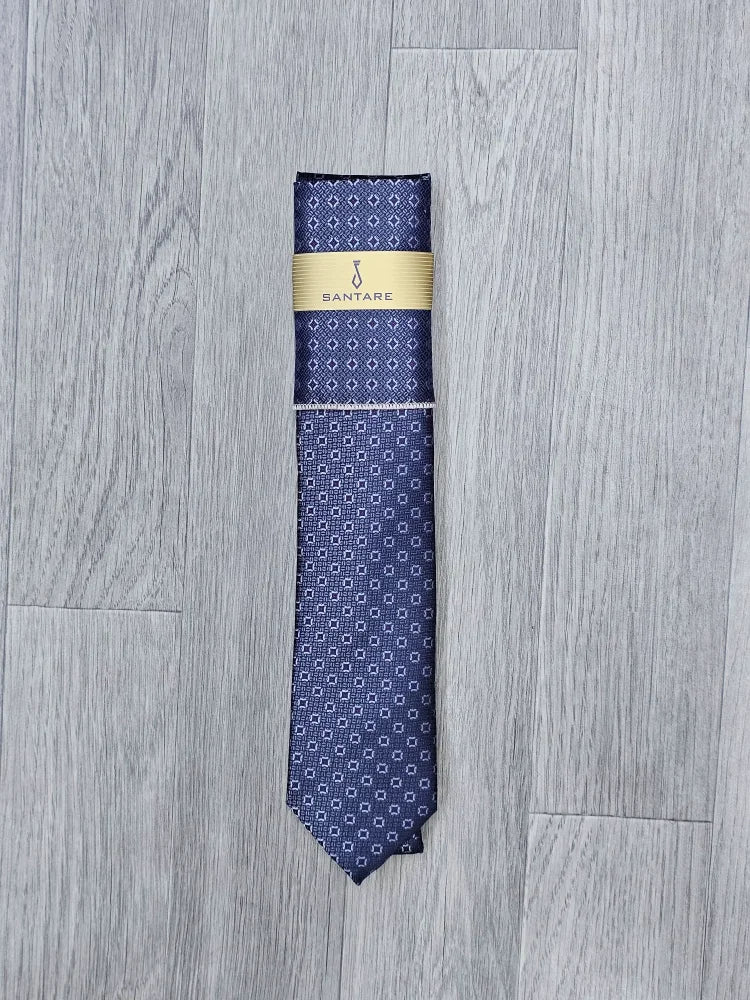 Santare Navy Silver Geometric Tie & Pocket Square Set