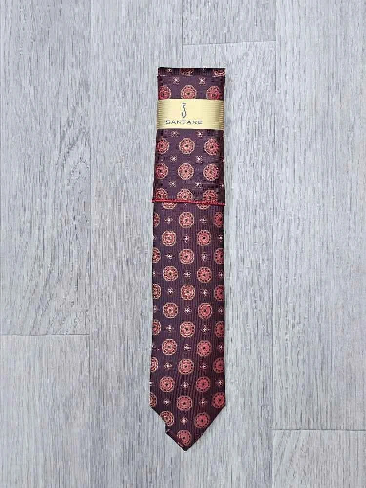 Santare Burgundy Gold Medallion Tie & Pocket Square Set