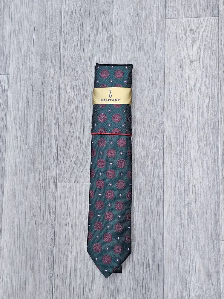 Santare Forest Green Burgundy Medallion Tie & Pocket Square Set