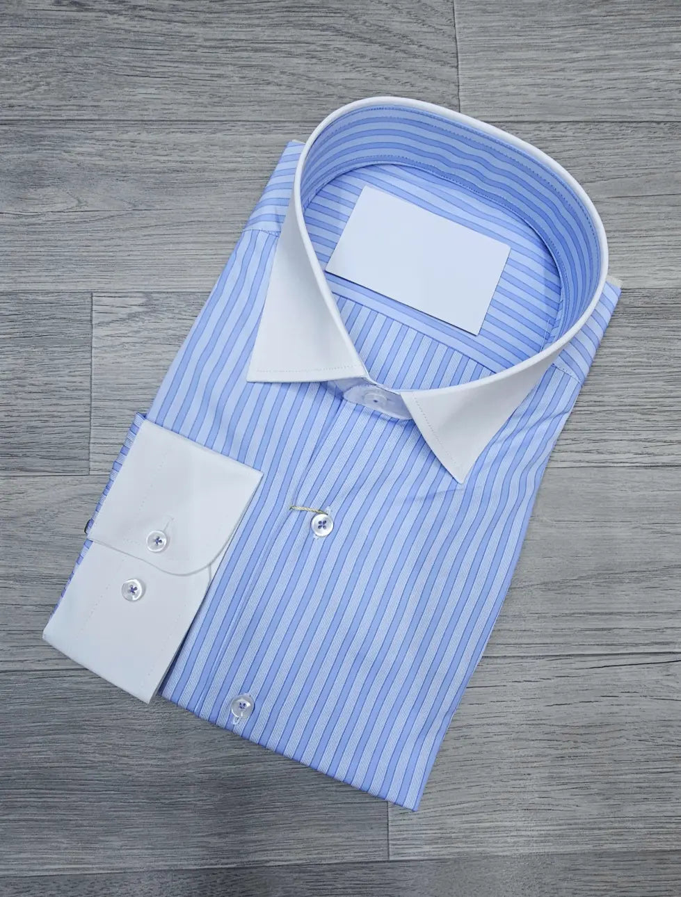 Infynite Blue & White Striped Contrast Collar Dress Shirt – Slim Fit