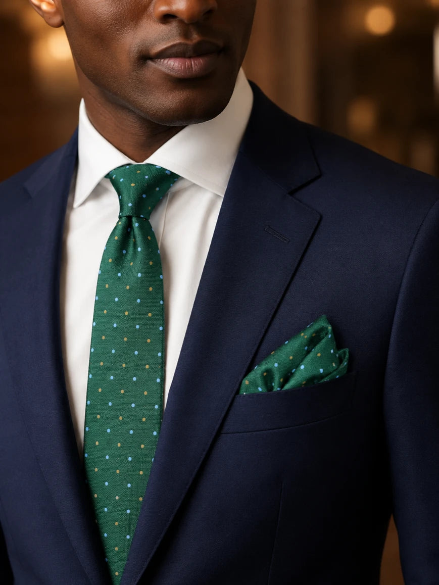 A close-up of a man wearing a navy blue suit jacket, white dress shirt, and a green tie with small multicolored polka dots, paired with a matching green pocket square.