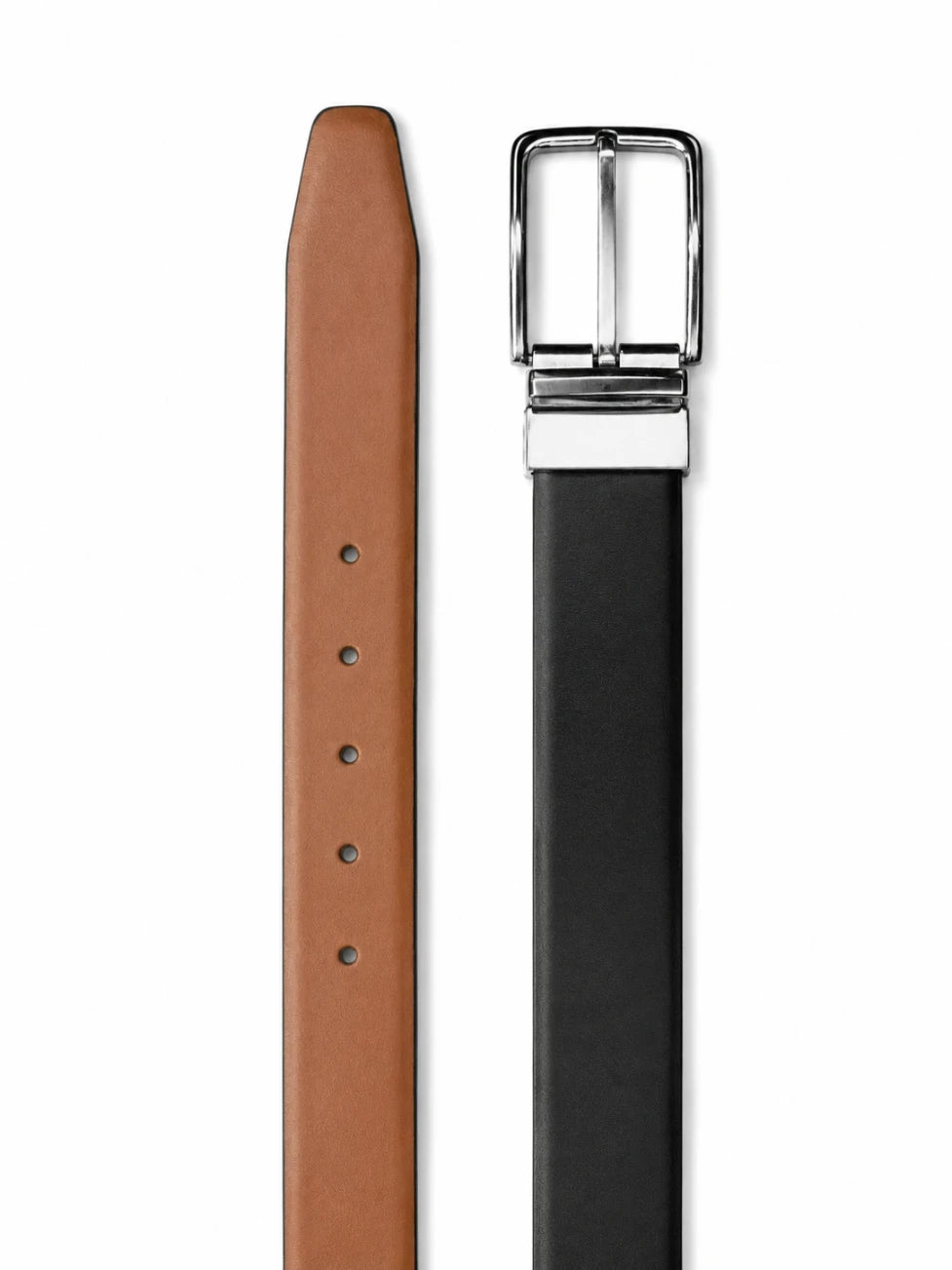 A two-tone leather belt shown vertically against a white background, featuring a tan/cognac section on the left and a black section on the right, finished with a polished silver-tone metal buckle.