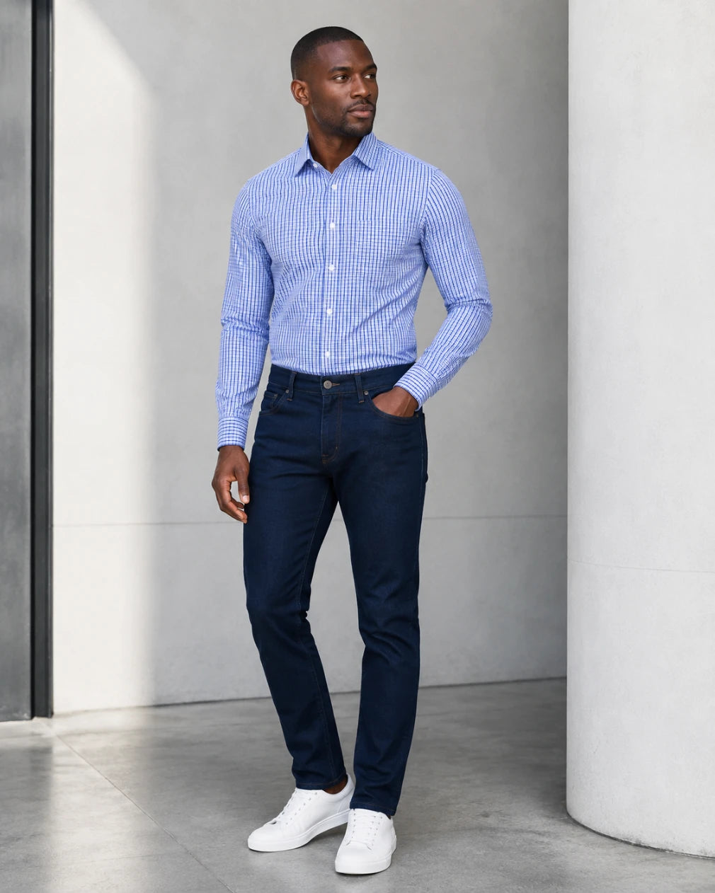Infynite Blue Multi-Check Slim Fit Dress Shirt flat lay showing navy, mid-blue and light blue check pattern on white ground, spread collar and chest pocket on white background