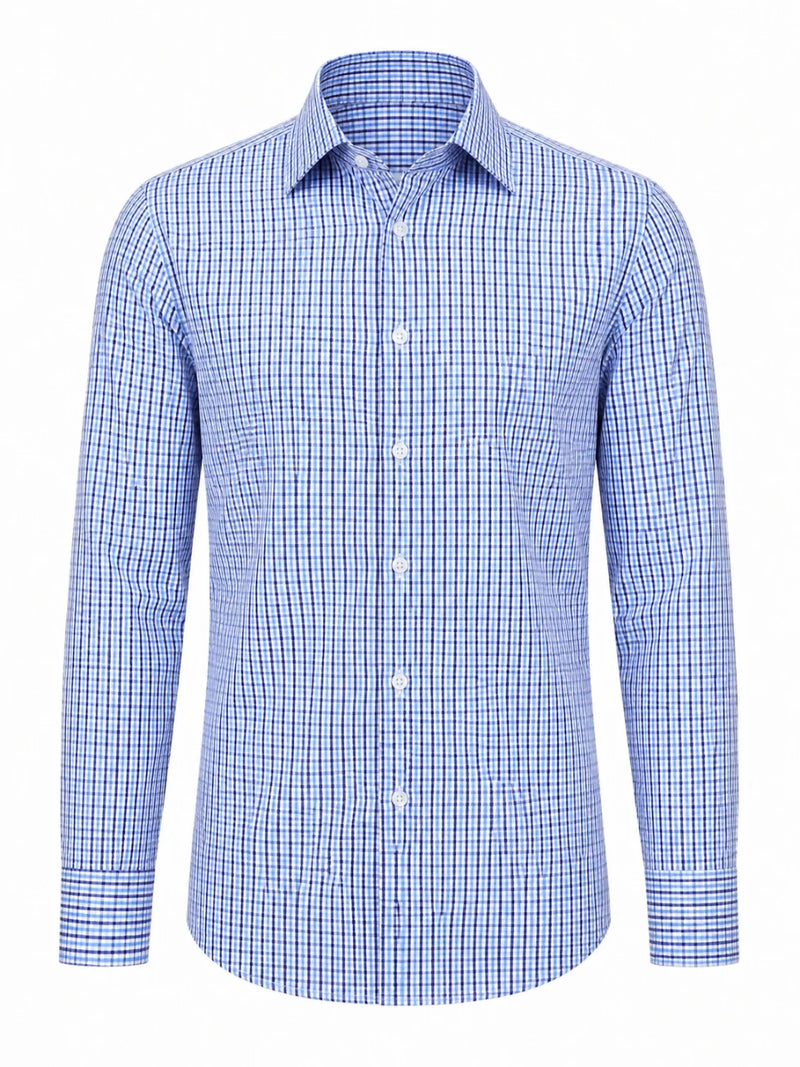 Man wearing the Infynite Blue Multi-Check Slim Fit Dress Shirt open-collar with dark indigo jeans and white sneakers, styled for a sharp smart-casual look