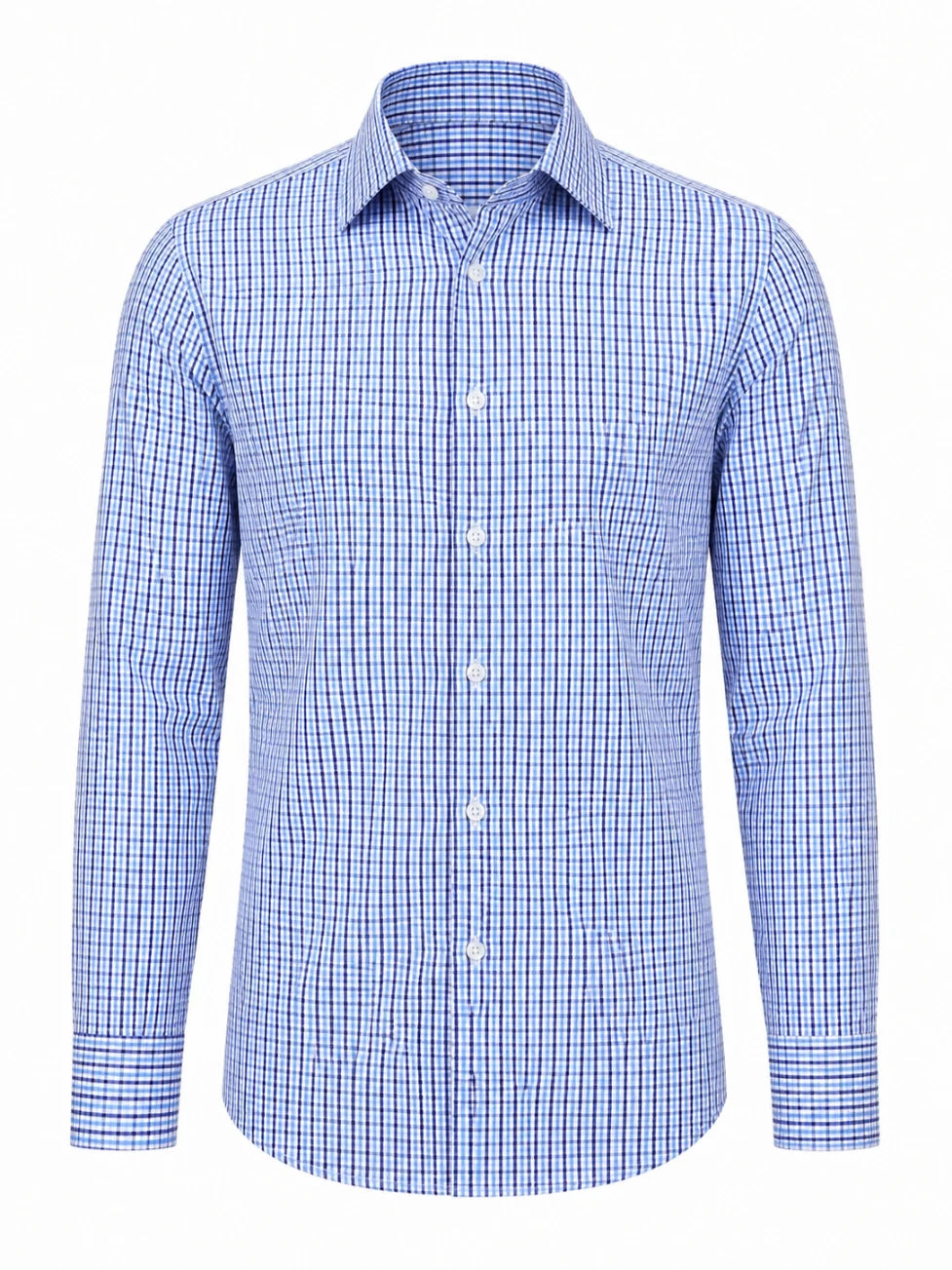 Man wearing the Infynite Blue Multi-Check Slim Fit Dress Shirt open-collar with dark indigo jeans and white sneakers, styled for a sharp smart-casual look