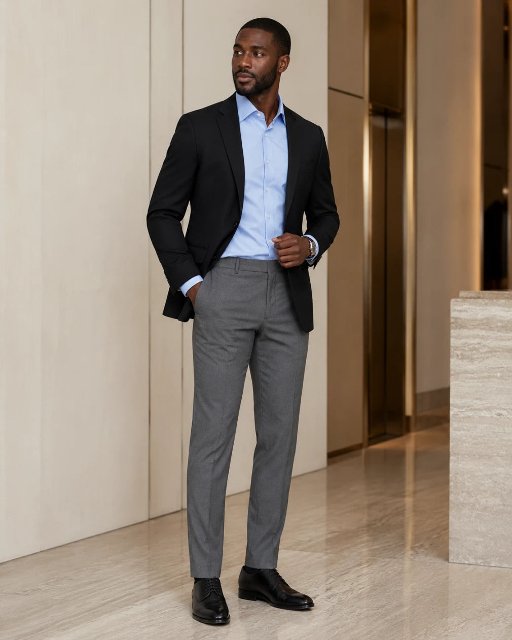 Infynite Sky Blue Slim Fit Dress Shirt flat lay showing navy contrast collar lining, white buttons, and clean single-colour body on a white background