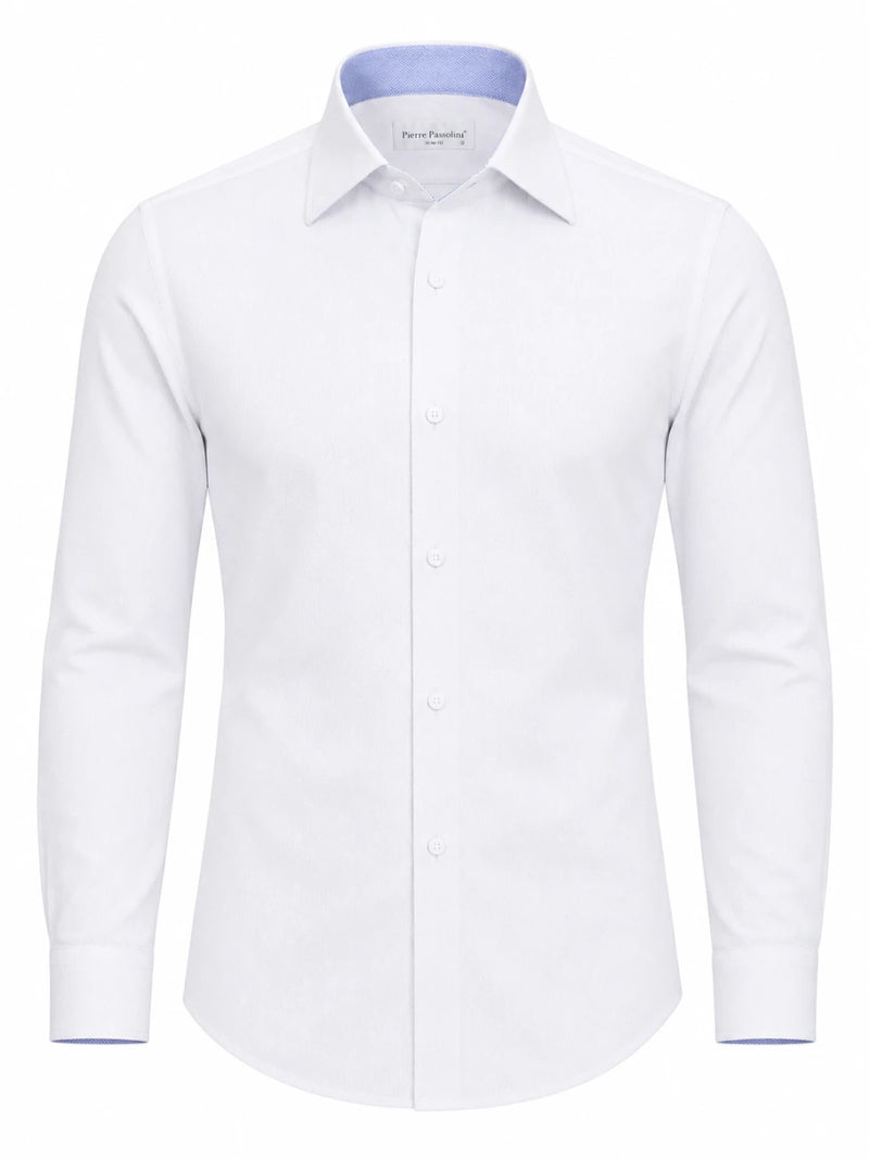 Man wearing the Infynite White Contrast Collar Slim Fit Dress Shirt open-collar with navy chinos and white sneakers, styled for a sharp smart-casual look