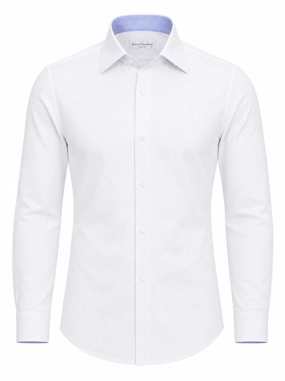 Man wearing the Infynite White Contrast Collar Slim Fit Dress Shirt open-collar with navy chinos and white sneakers, styled for a sharp smart-casual look