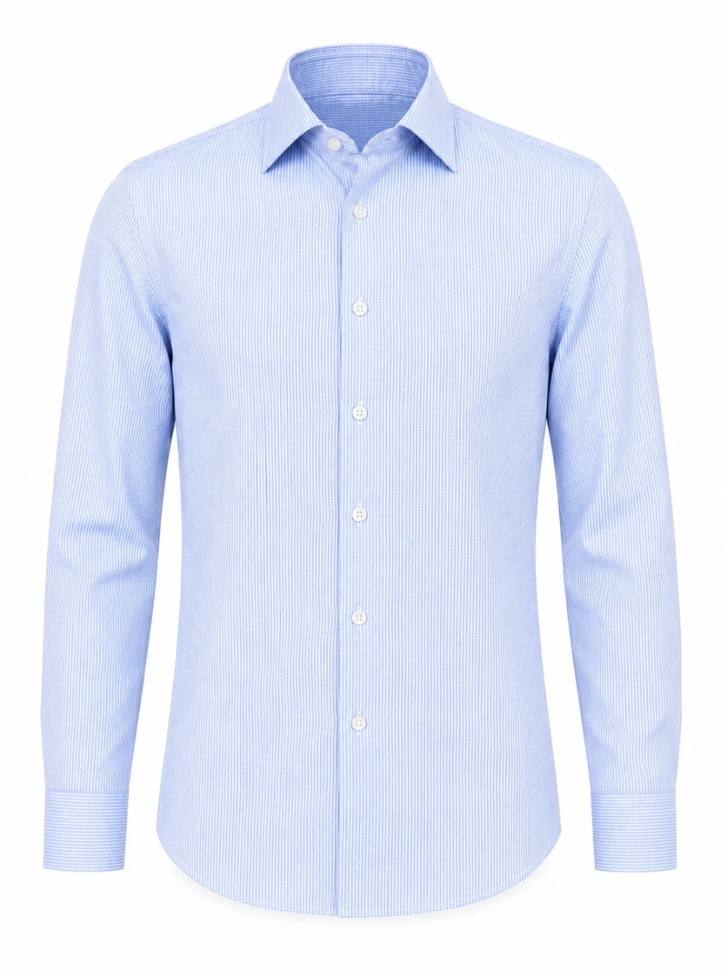 Infynite Sky Blue Fine Stripe Slim Fit Dress Shirt flat lay showing delicate sky blue and white vertical stripes, spread collar, concealed placket and striped single cuffs on white background