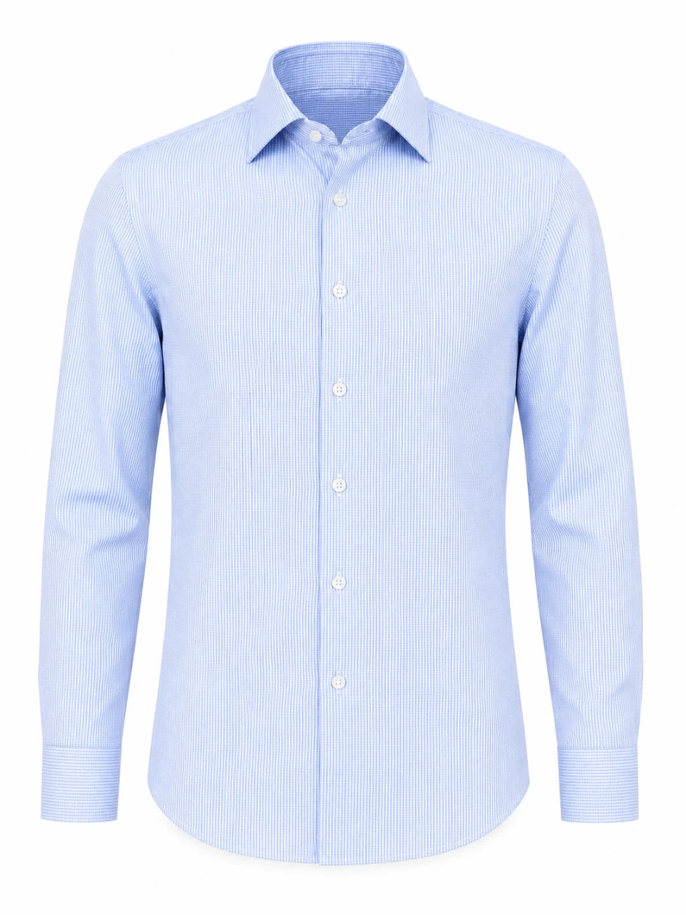 Infynite Sky Blue Fine Stripe Slim Fit Dress Shirt flat lay showing delicate sky blue and white vertical stripes, spread collar, concealed placket and striped single cuffs on white background