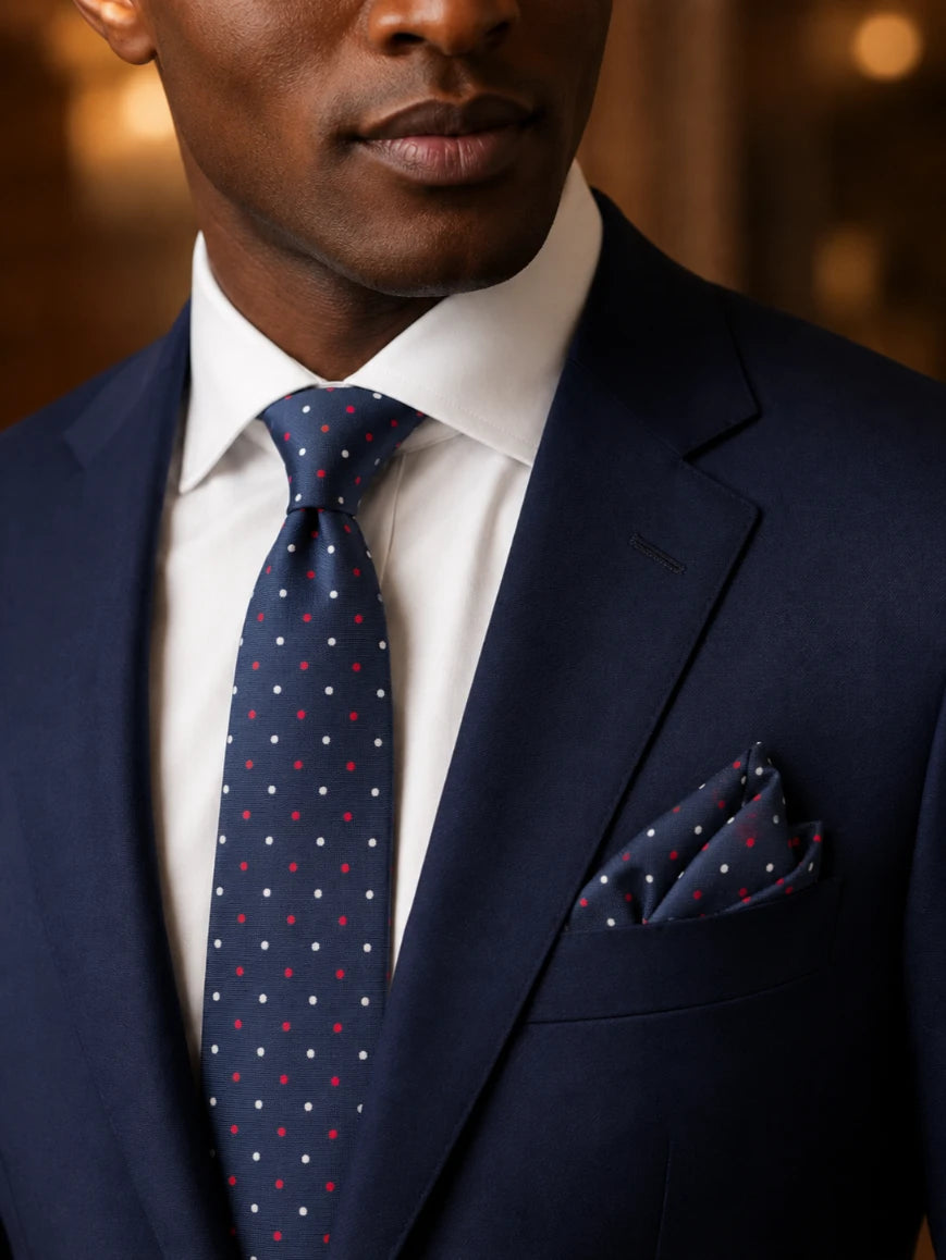 Infynite navy blue dual polka dot tie and pocket square set styled with a navy suit and white dress shirt