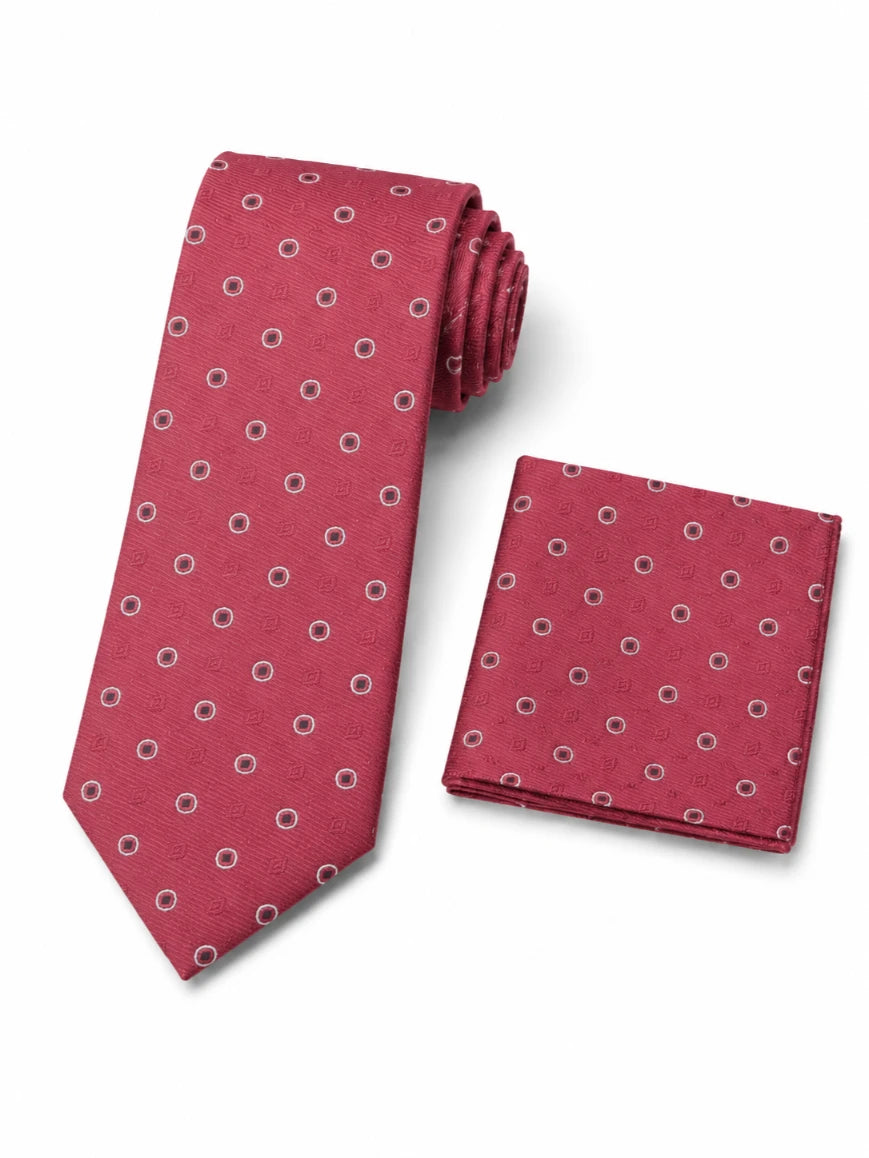 Infynite burgundy circle dot tie and pocket square set laid flat on white background showing woven texture and open circle pattern