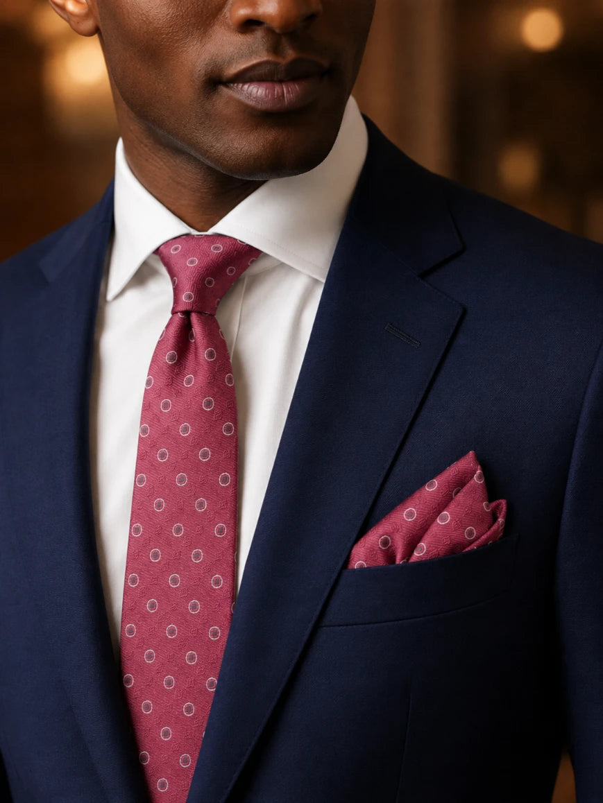 Infynite burgundy circle dot tie and pocket square set styled with a navy suit and white dress shirt