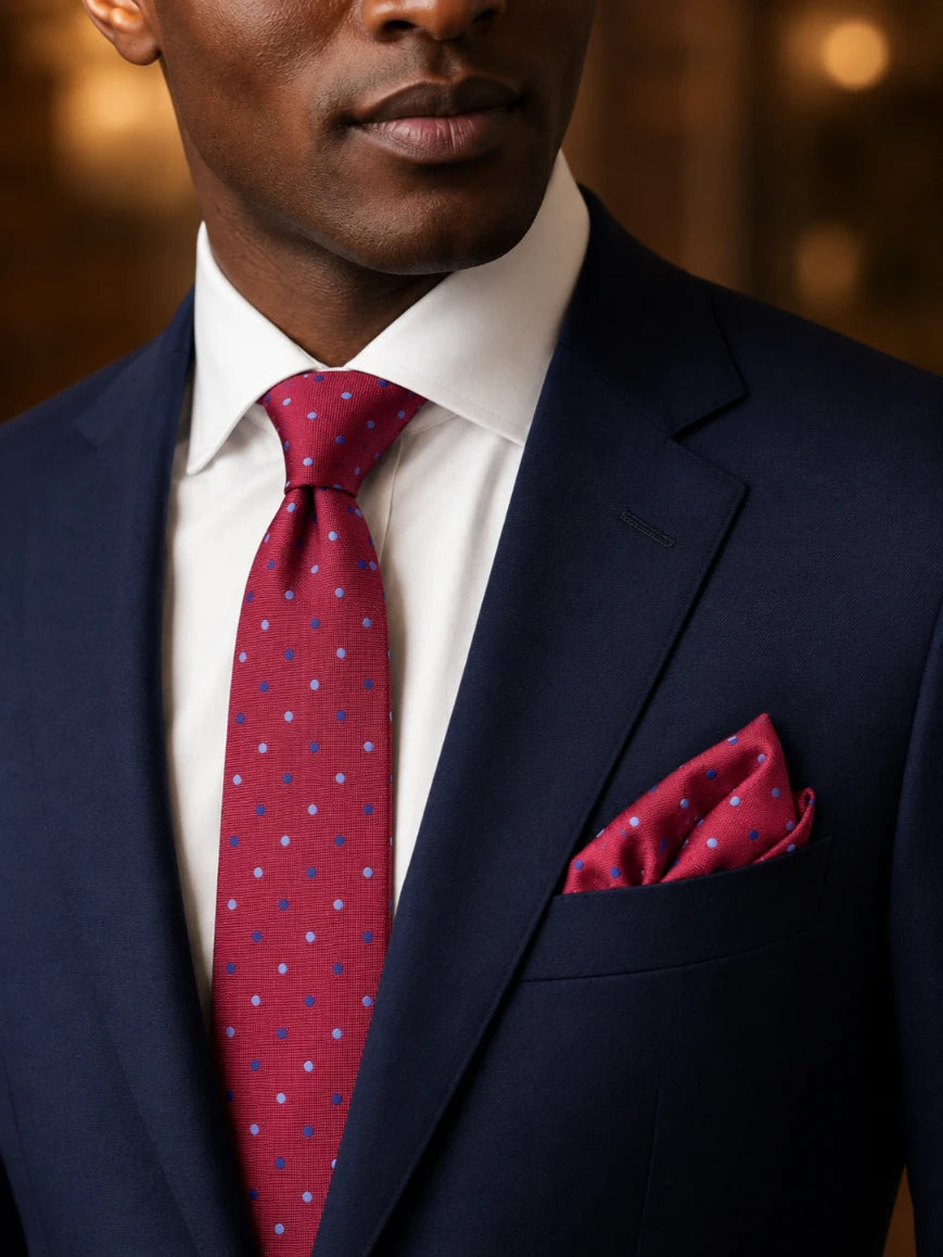 Infynite crimson red polka dot tie and pocket square set styled with a navy suit and white dress shirt