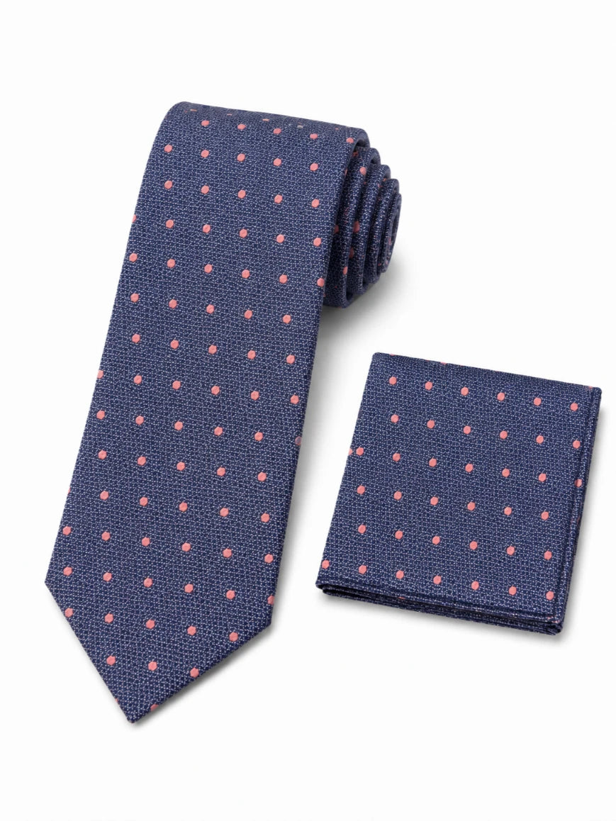Infynite steel blue and pink polka dot tie and pocket square set with woven texture laid flat on white background