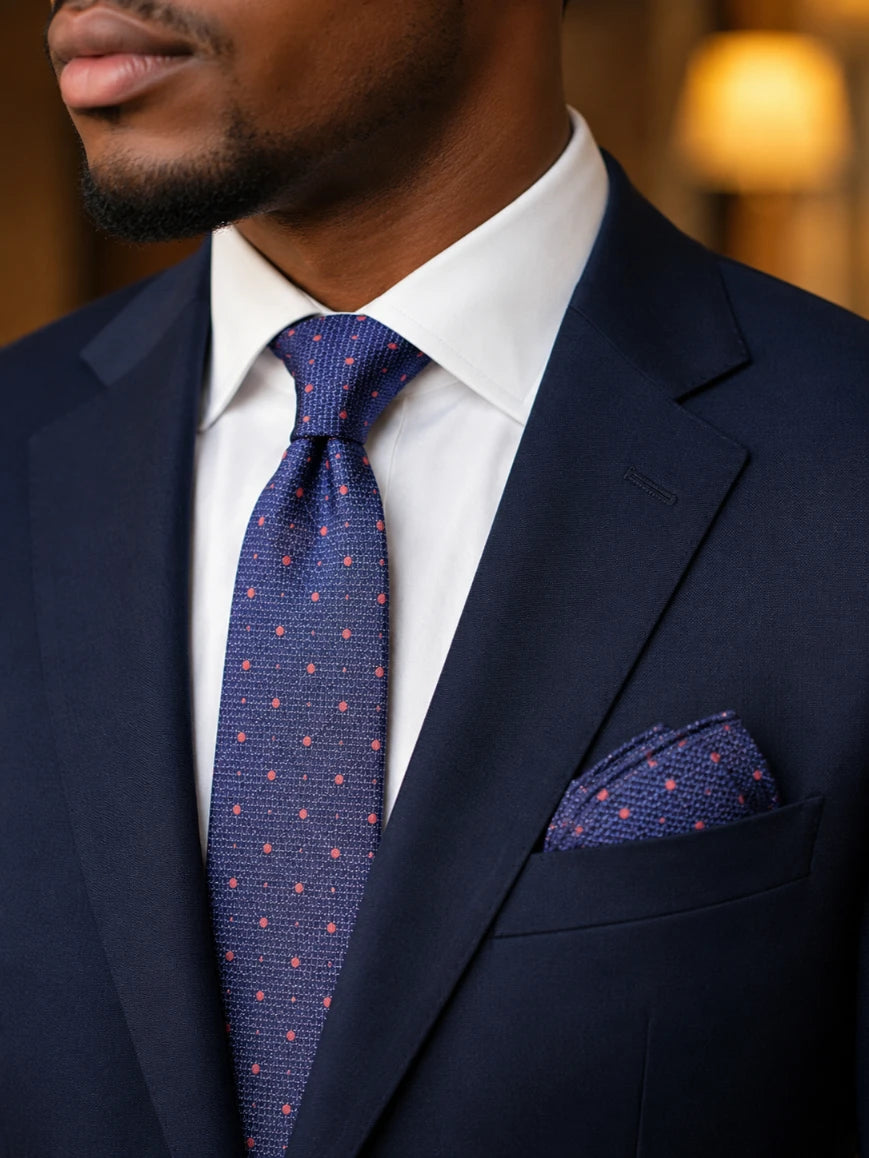 Infynite steel blue and pink polka dot tie and pocket square set styled with a navy suit and white dress shirt