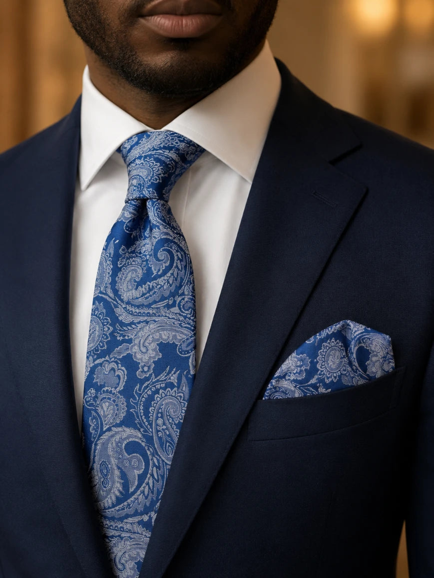 Infynite cornflower blue paisley jacquard tie and pocket square set styled with a navy suit and white dress shirt