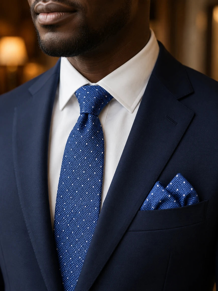 Infynite cobalt blue micro dot tie and pocket square set styled with a navy suit and white dress shirt