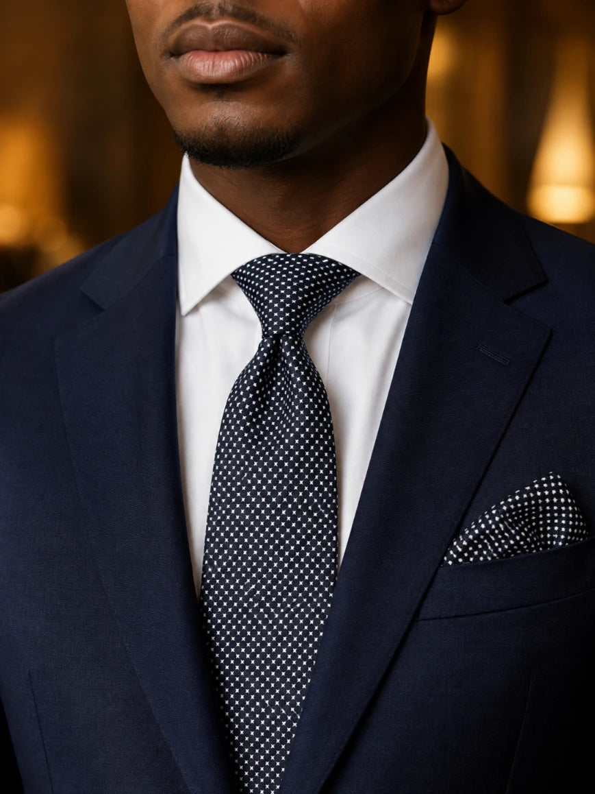 Infynite charcoal black micro cross-dot tie and pocket square set styled with a navy suit and white dress shirt