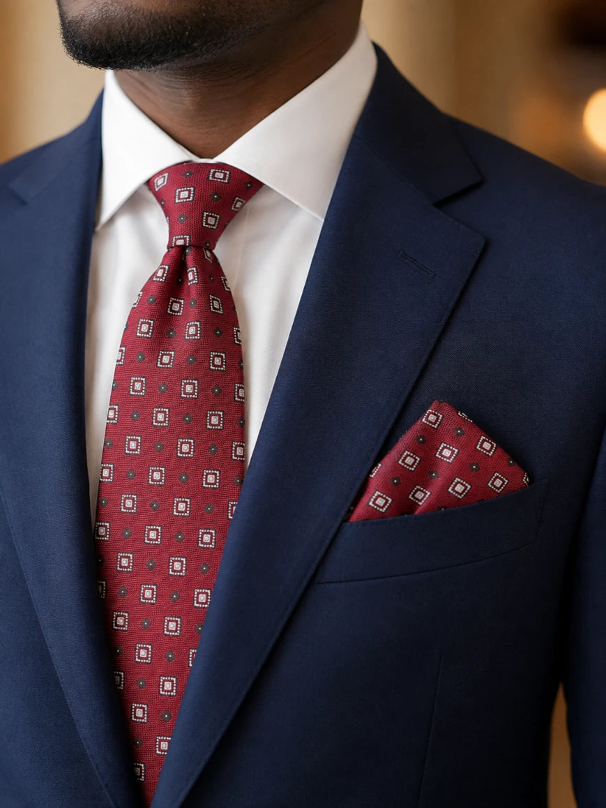 Infynite crimson red geometric square medallion tie and pocket square set styled with a navy suit and white dress shirt