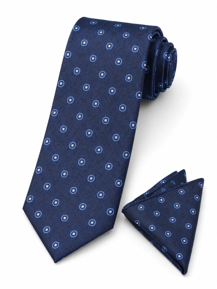 Infynite navy blue circle-square medallion tie and pocket square set with tonal light blue woven motifs laid flat on white background