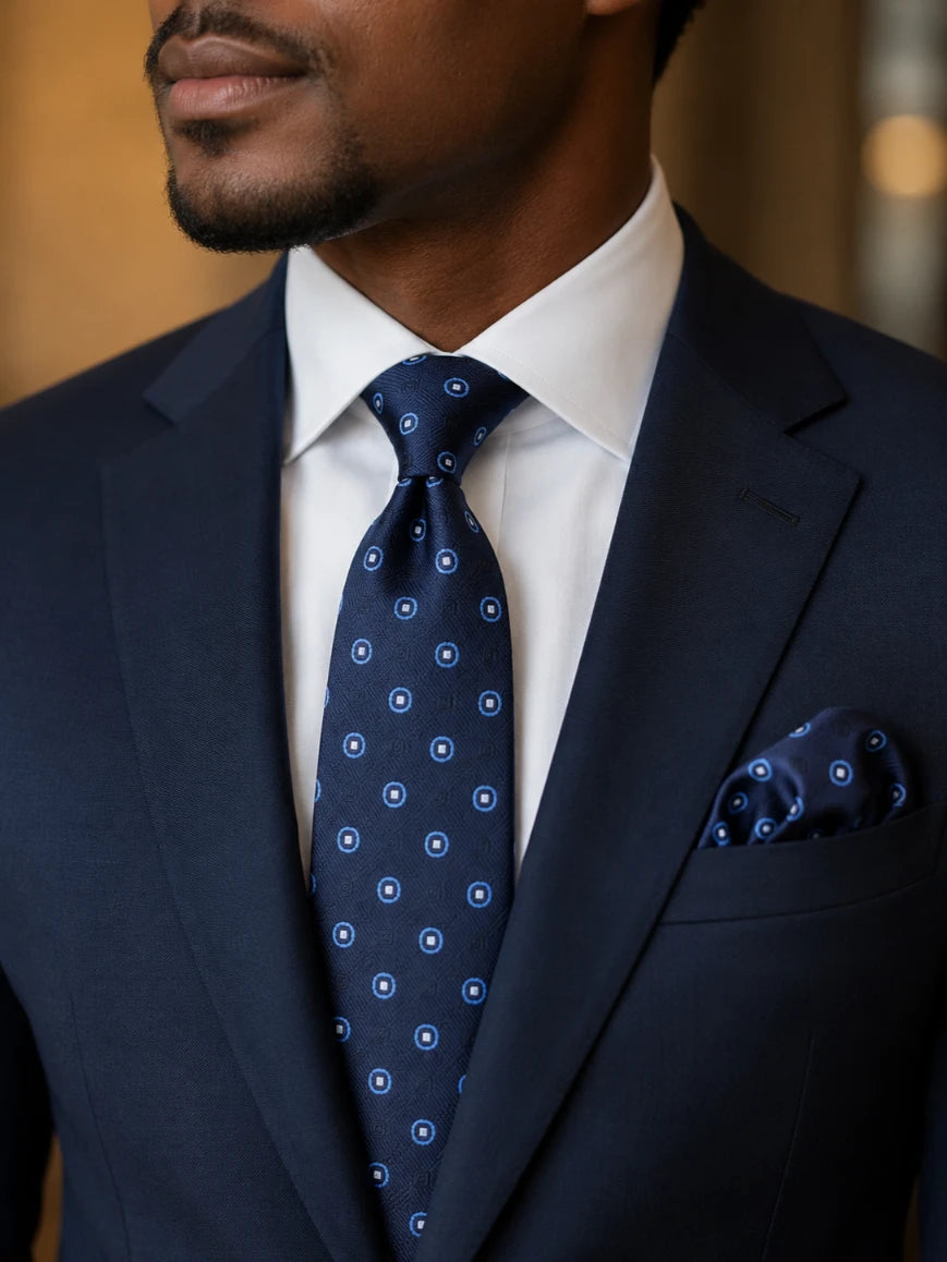 Infynite navy blue circle-square medallion tie and pocket square set styled with a navy suit and white dress shirt
