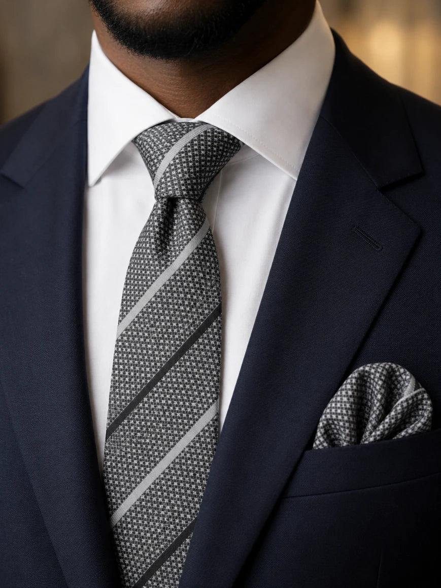 Infynite charcoal grey diagonal regimental stripe tie and pocket square set styled with a navy suit and white dress shirt