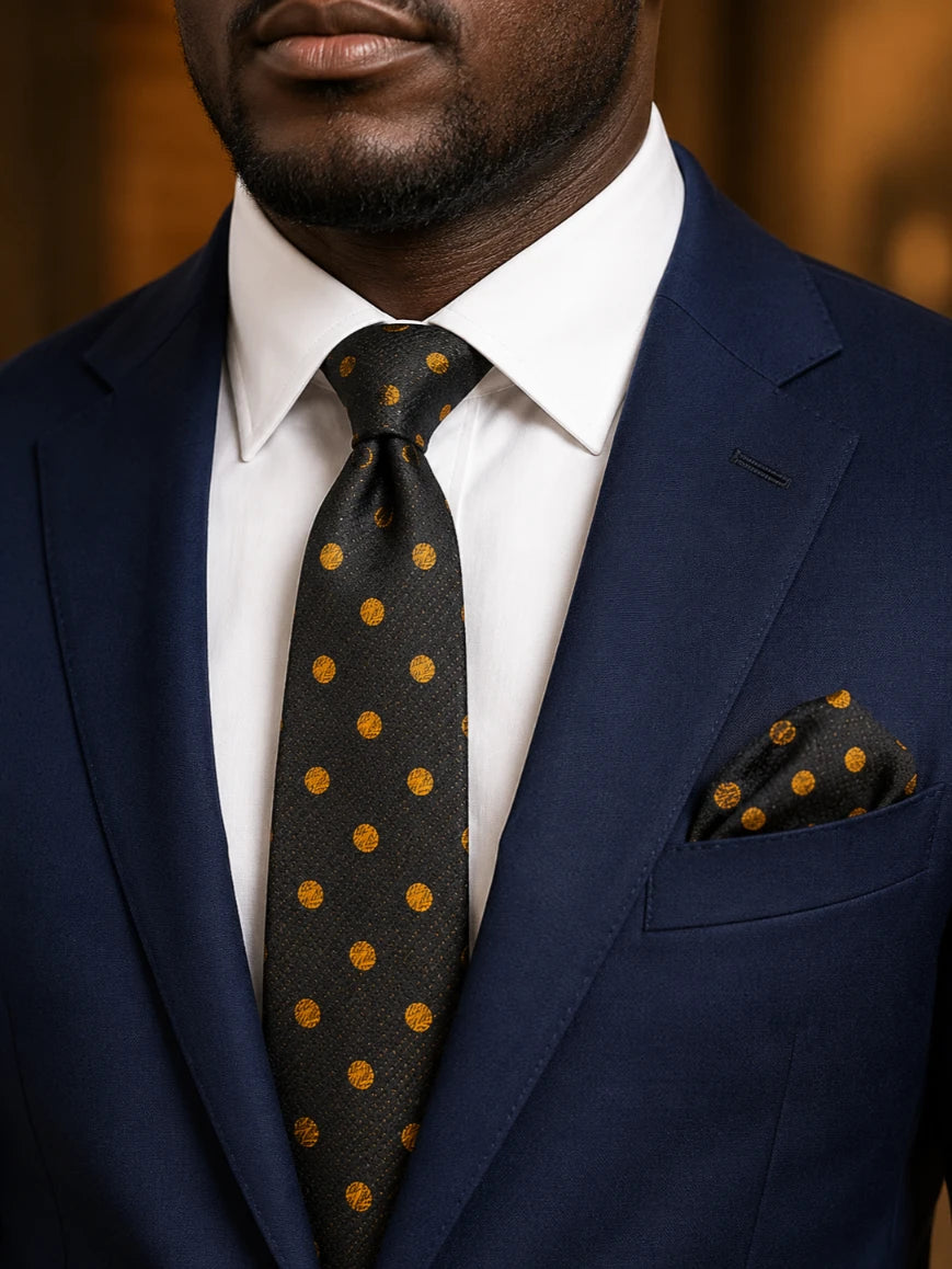 Infynite midnight black and gold polka dot tie and pocket square set styled with a navy suit and white dress shirt
