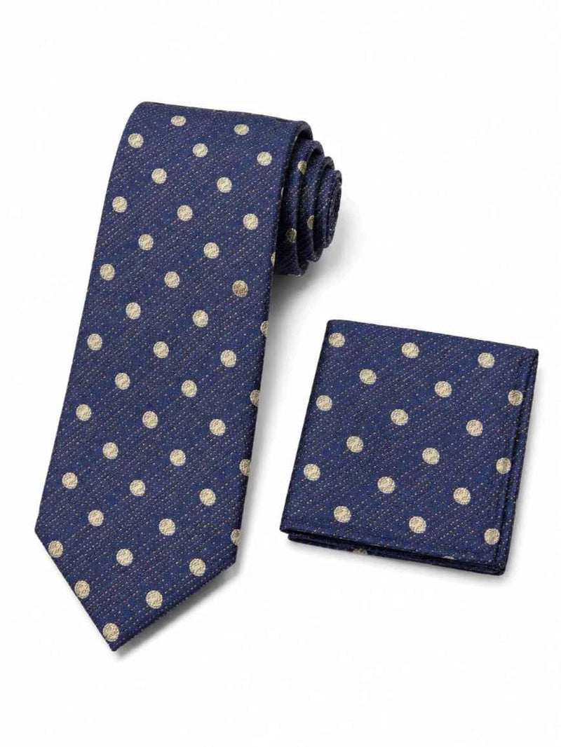 Navy Blue & Champagne Gold Polka Dot Tie & Pocket Square Set